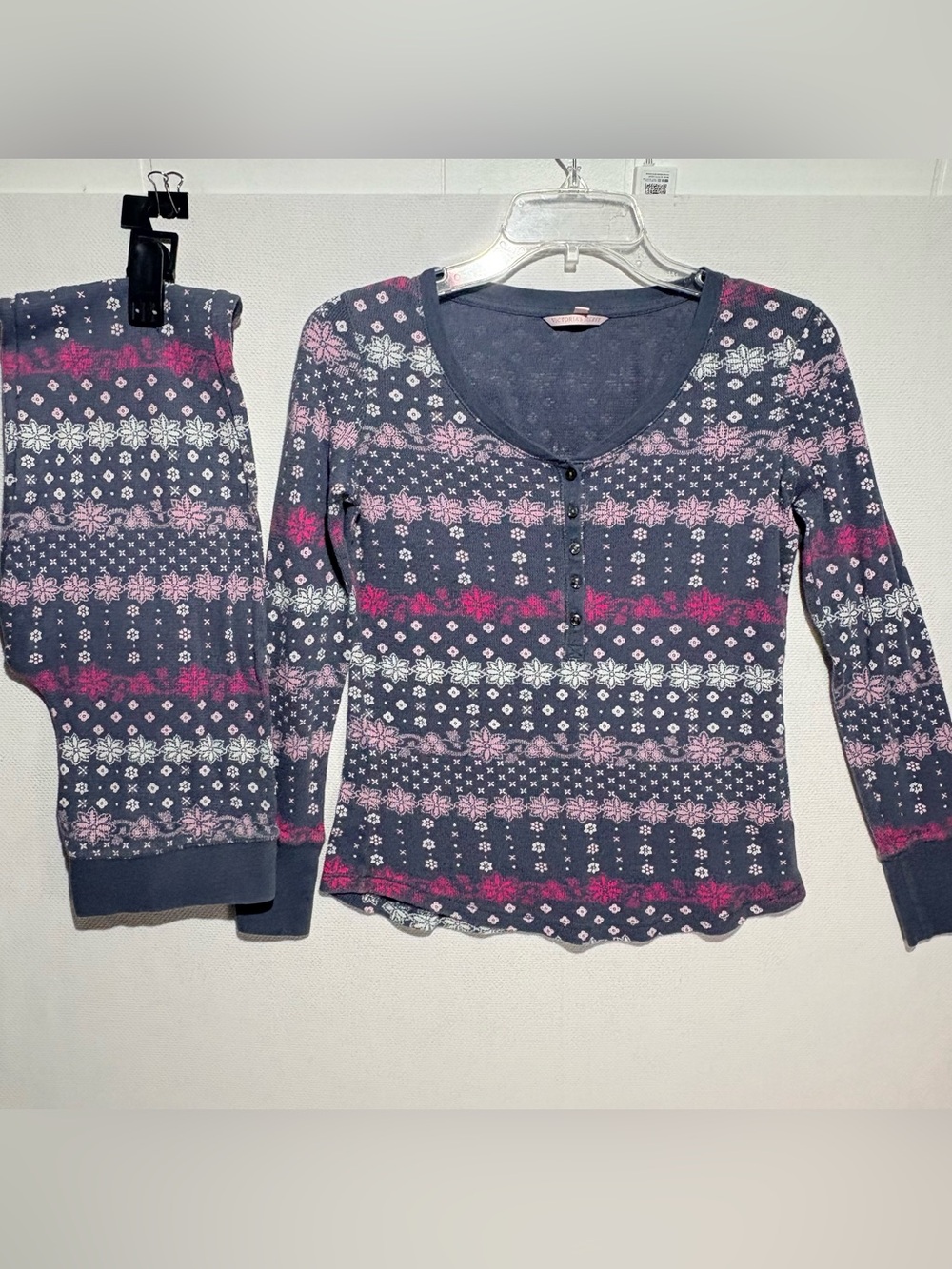 Victoria's Secret Navy Scoop-Neck Henley Sweater with Pink & White Fair Isle